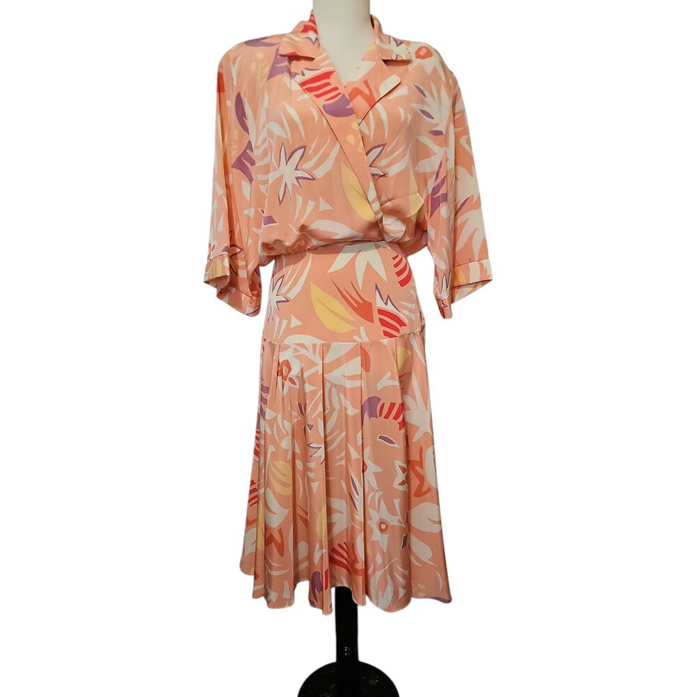 Vintage Drop Waist Midi Dress Kono New York Womens S Pleated Short Sleeve 70 80s
